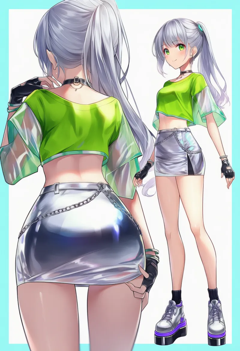 ネオングリーンクロップトップとメタリックミニスカートのファッションコーデ｜y2kファッション