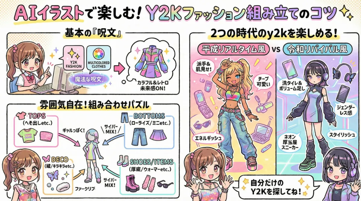 AIイラストでy2kファッションをプロンプトで組み立てるコツの図解イラスト