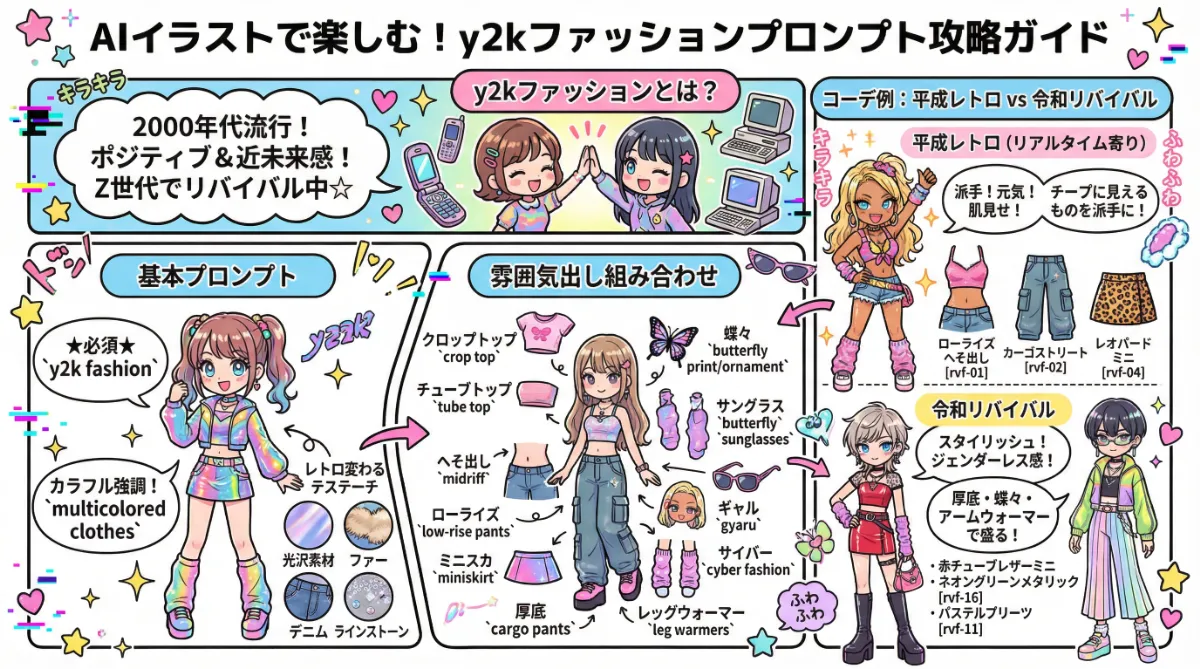 y2kファッションのプロンプト集のまとめ用の図解イラスト