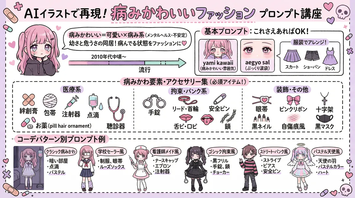 病みかわいいファッションのプロンプト集の記事のまとめ用の図解イラスト