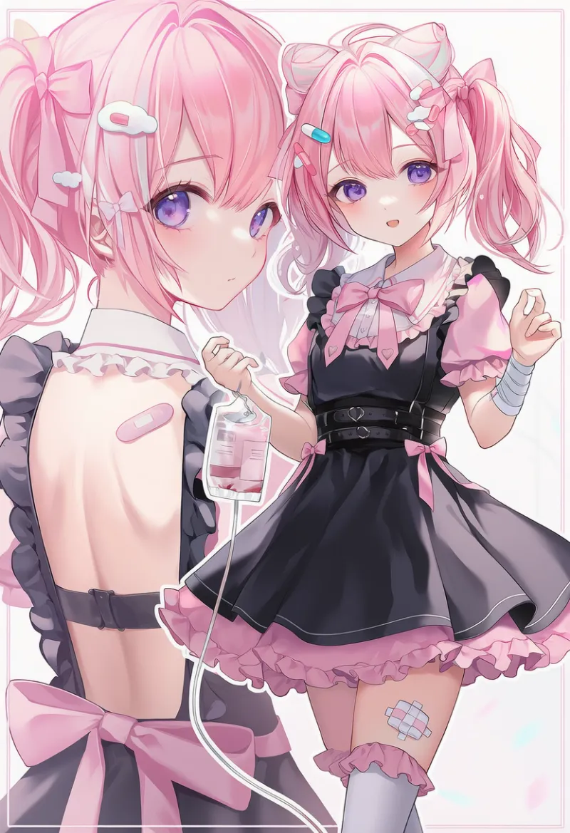 点滴・包帯を使ったクラシック病みかわコーデのプロンプトとAIイラスト
