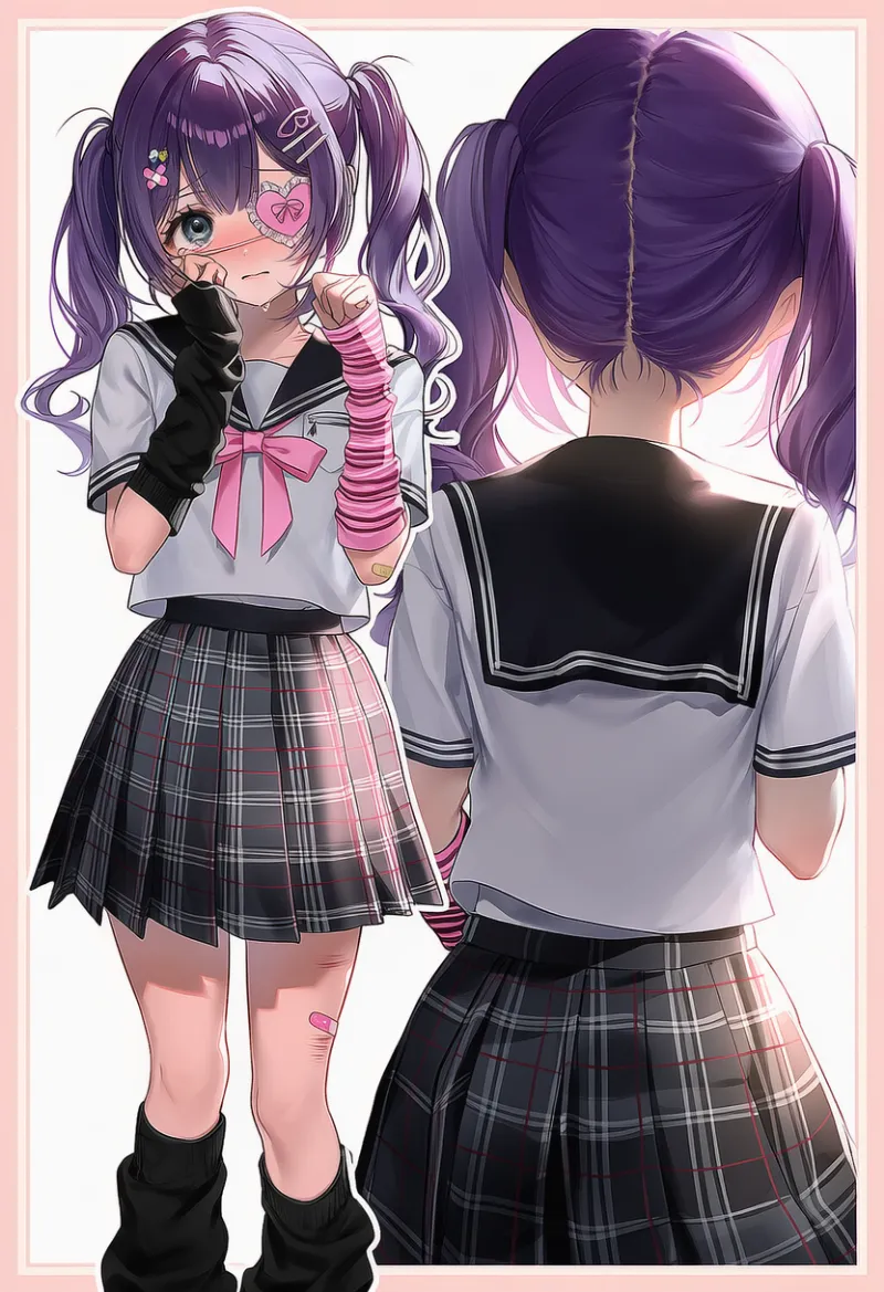 セーラー服と眼帯を組み合わせた病みかわコーデのプロンプトとAIイラスト