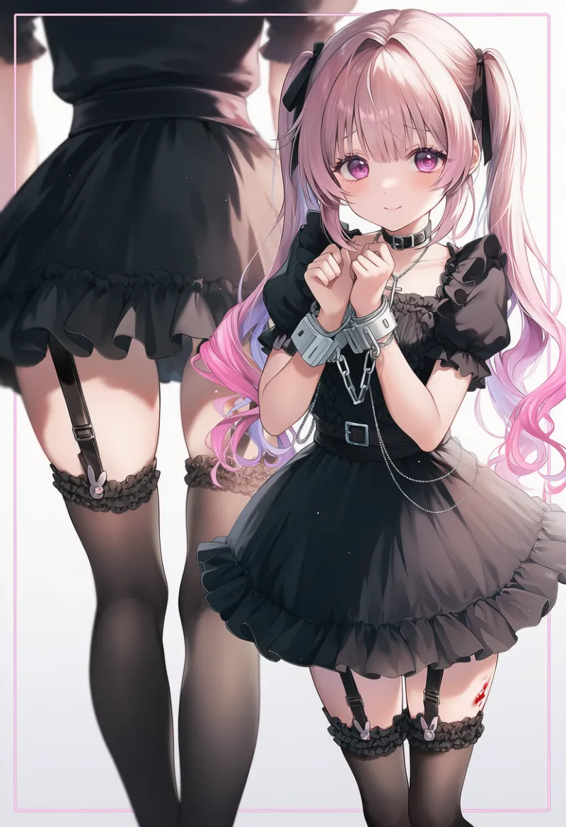 ゴシックドレスと拘束モチーフの病みかわコーデのプロンプトとAIイラスト