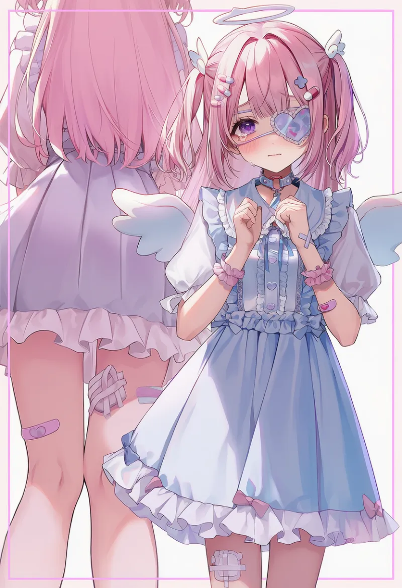 パステルカラーと天使要素の病みかわコーデのプロンプトとAIイラスト