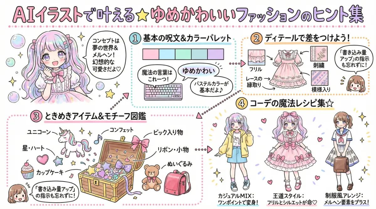 ゆめかわいいファッションのプロンプト集のまとめ用の図解イラスト