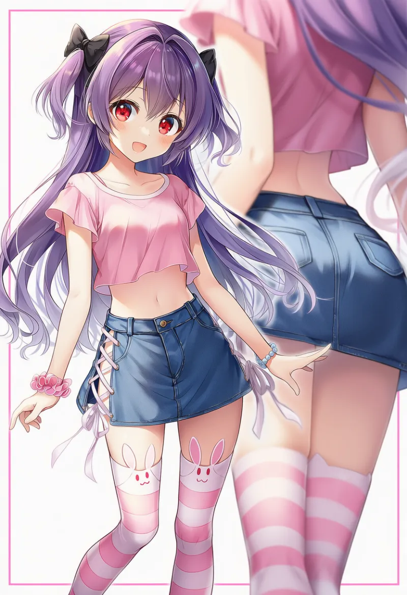 ピンクトップ×ウサギ耳ソックスのゆめかわいいコーデ｜プロンプト紹介