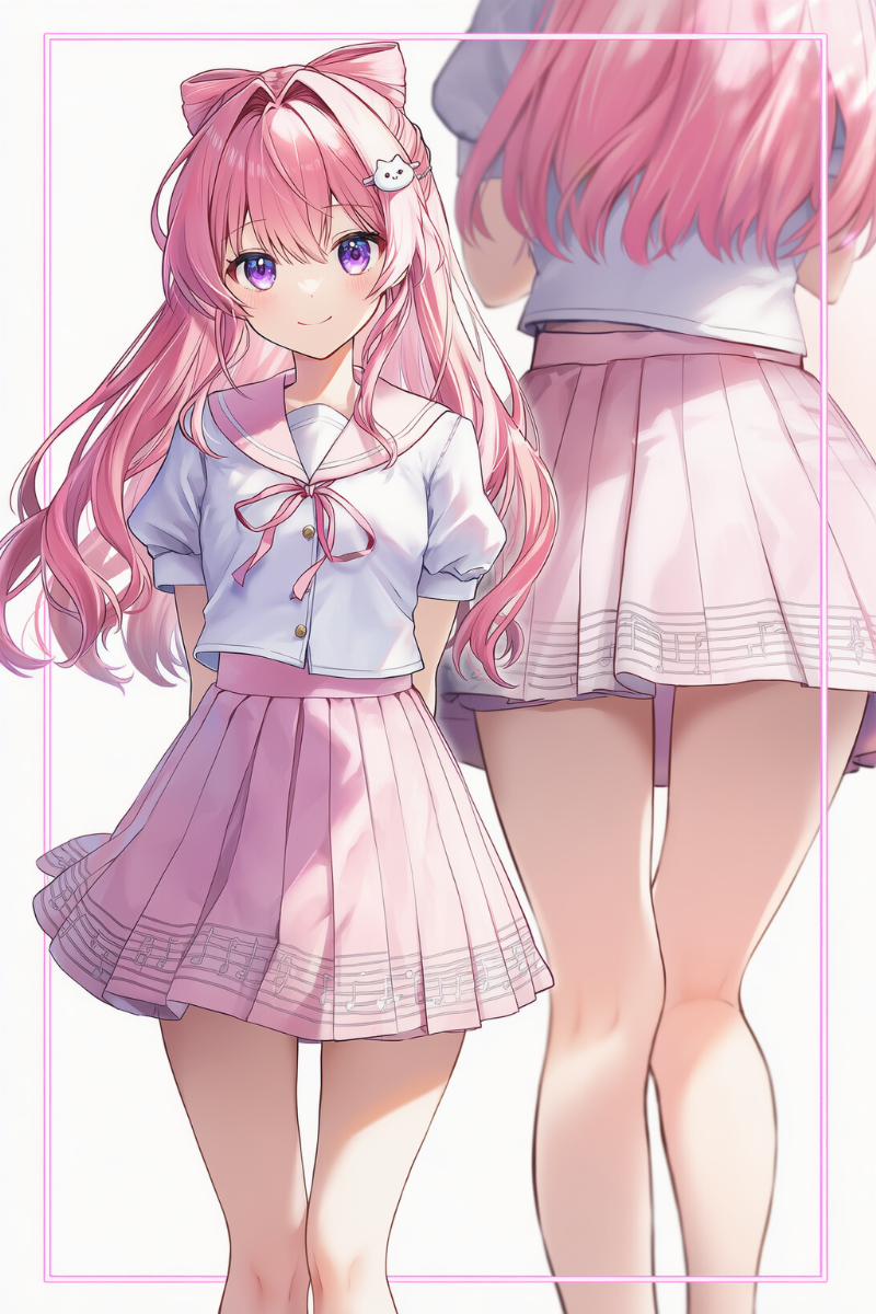 セーラーシャツ×楽譜柄ミニスカートのゆめかわいいコーデ｜プロンプト紹介