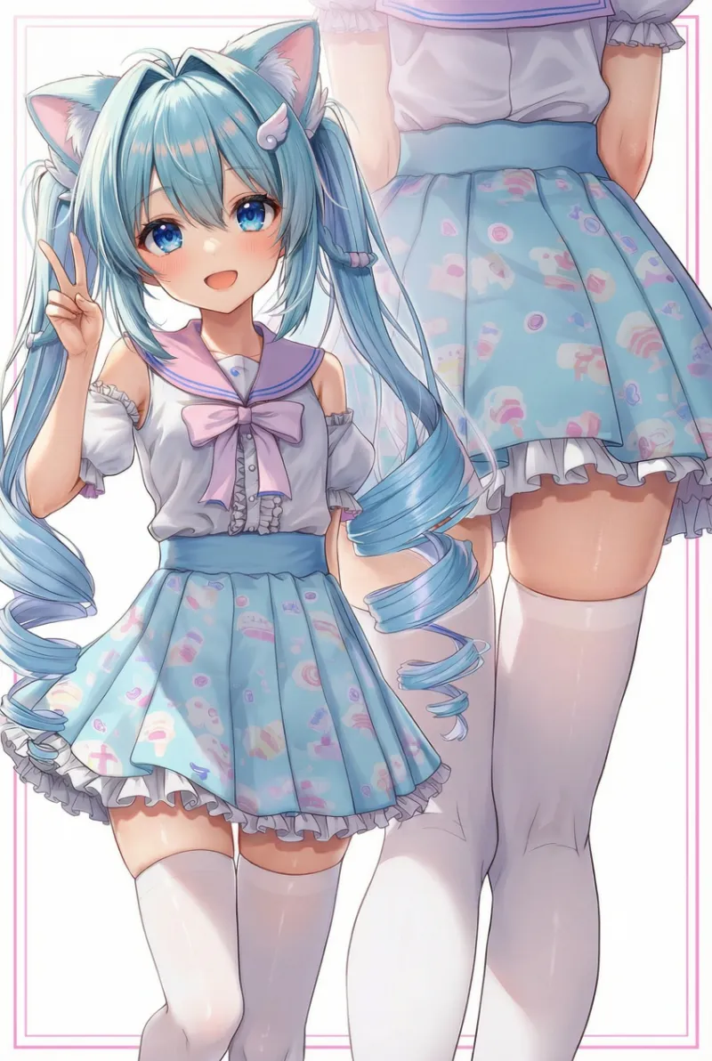 動物耳×カップケーキ柄ミニスカートのゆめかわいいコーデ｜プロンプト紹介