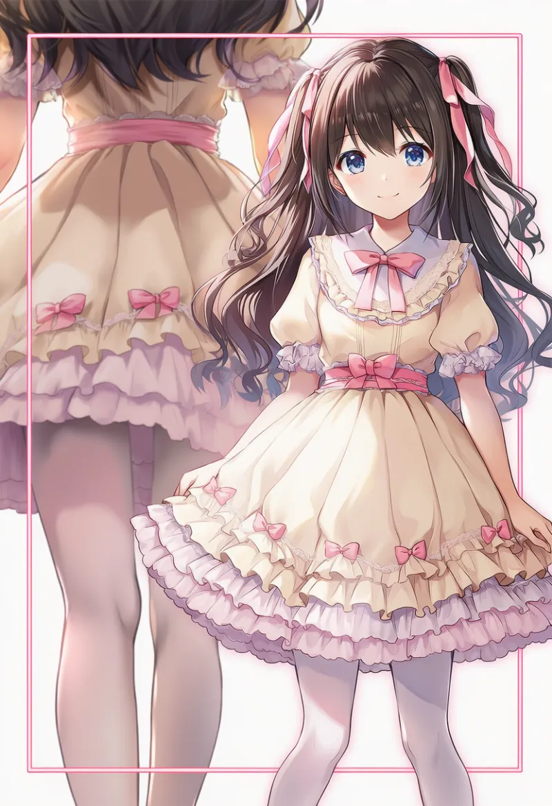 クリーム色フリルドレス×ピンクリボンのゆめかわいいコーデ｜プロンプト紹介