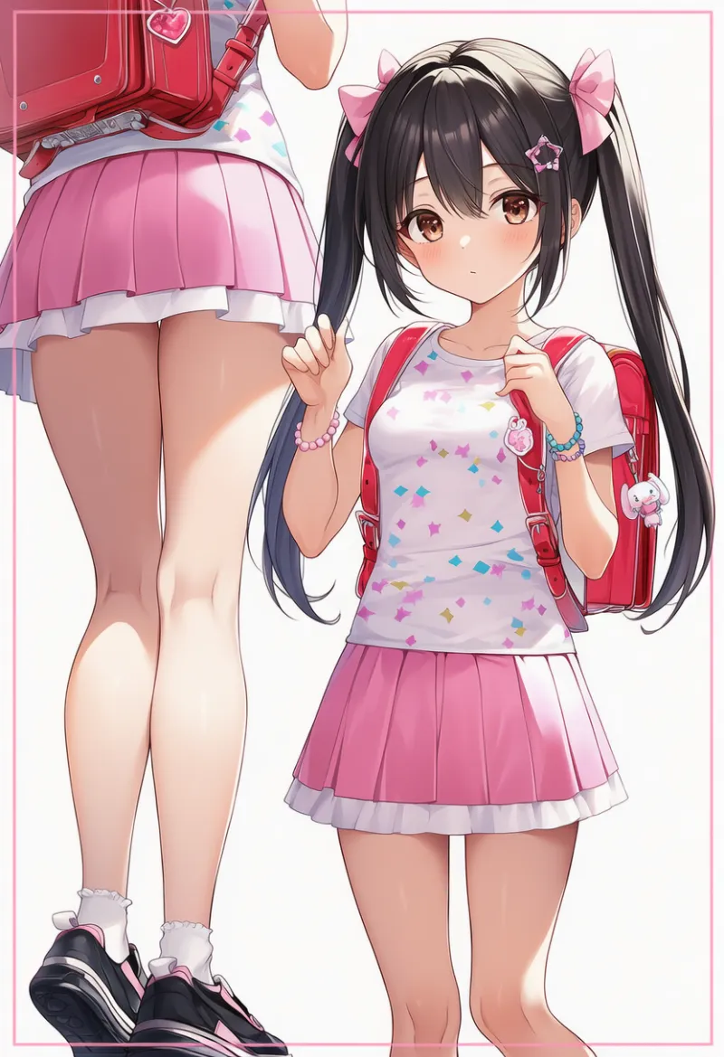 紙吹雪柄シャツ×ピンクミニスカートのゆめかわいいコーデ｜プロンプト紹介