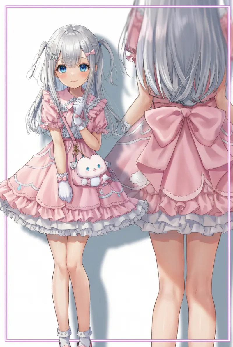 ピンクフリルドレス×雲柄プリントのゆめかわいいコーデ｜プロンプト紹介