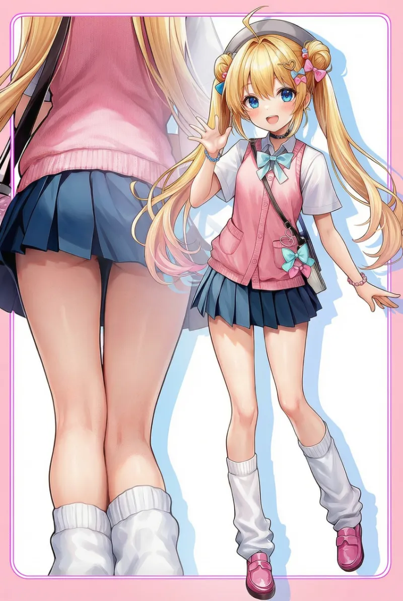 ピンクベスト×青スカートの制服風ゆめかわいいコーデ｜プロンプト紹介