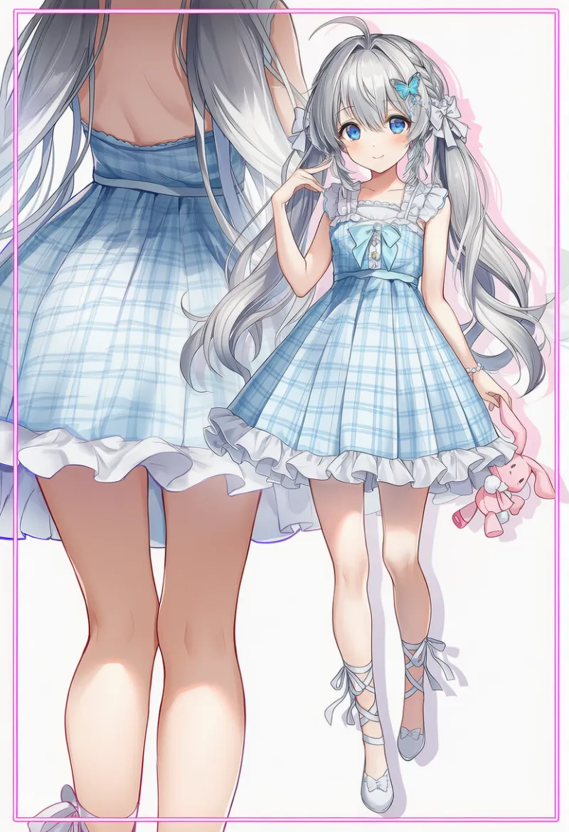 水色チェック柄フリルドレスのゆめかわいいコーデ｜プロンプト紹介