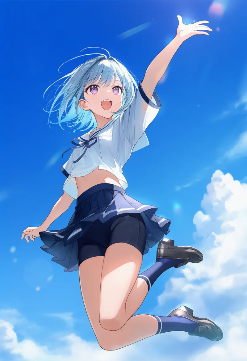 雲の上まで高くジャンプするポーズのプロンプトとAIイラスト作例