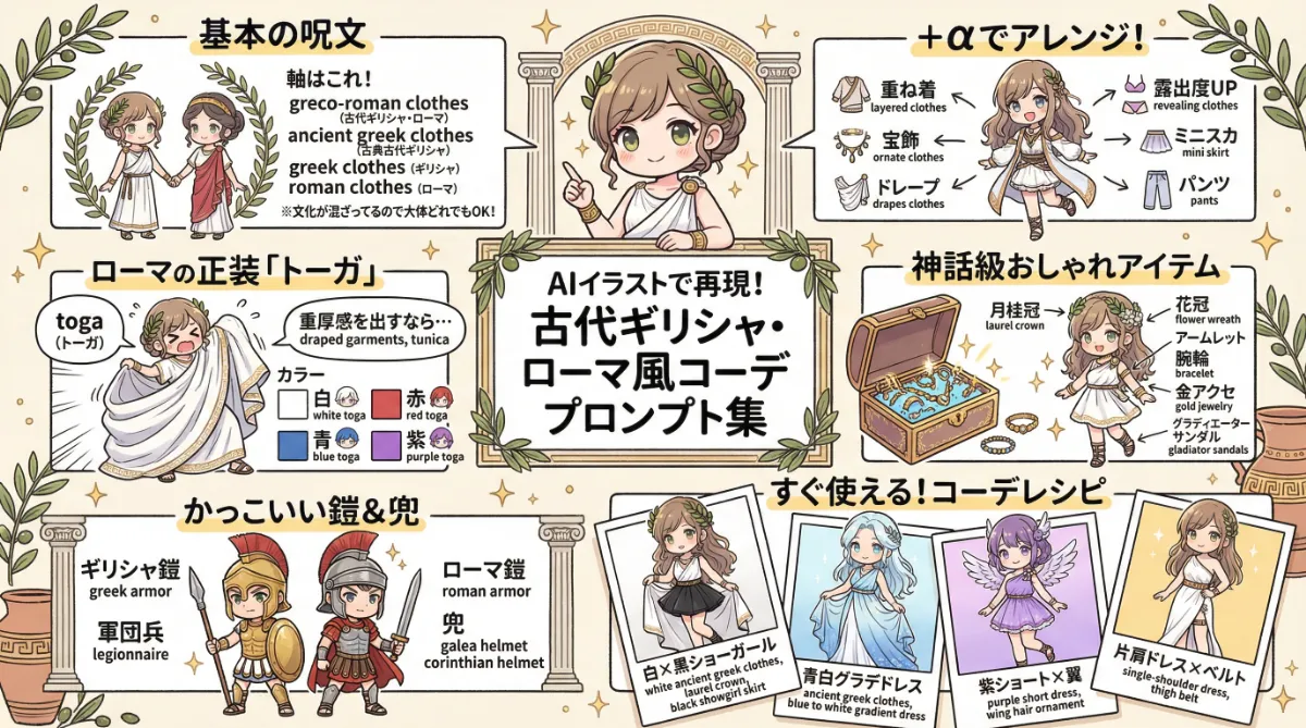 古代ギリシャ・ローマの服のプロンプト集のまとめ用の図解イラスト