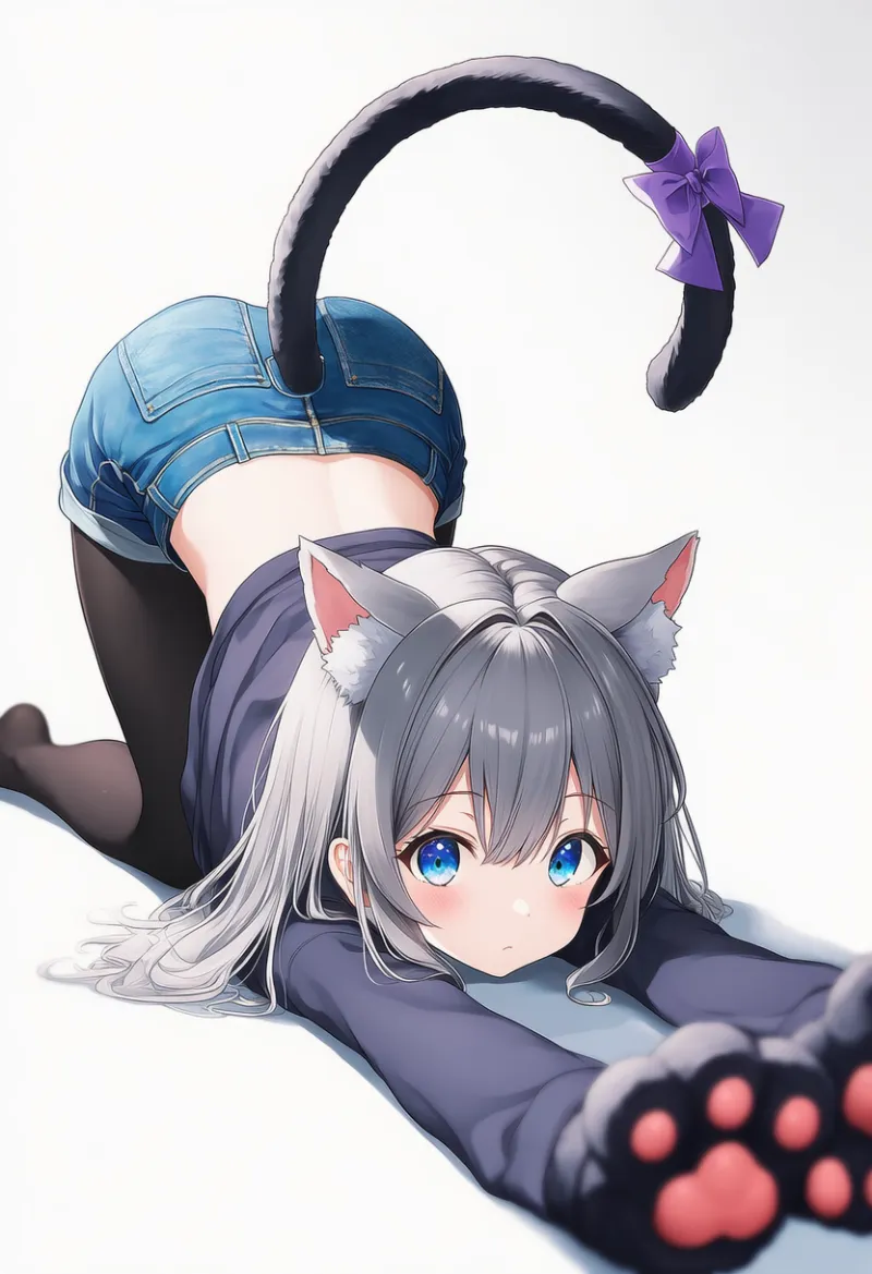 猫耳少女のセーター・デニムショーツコーデのAIイラストとプロンプト紹介