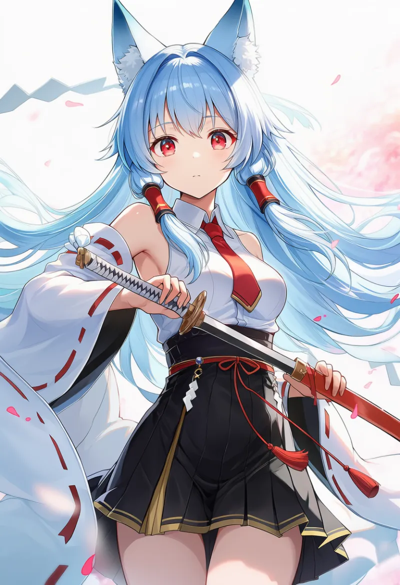 狐娘の白シャツと黒金縁ハイウエストスカート(和風剣士)のAIイラストとプロンプト紹介