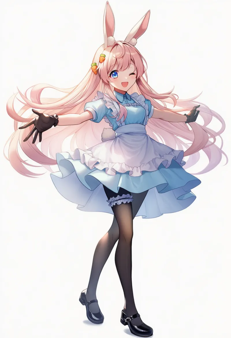 ウサギ娘のメイド服と黒パンスト・太ももストラップコーデのAIイラストとプロンプト紹介