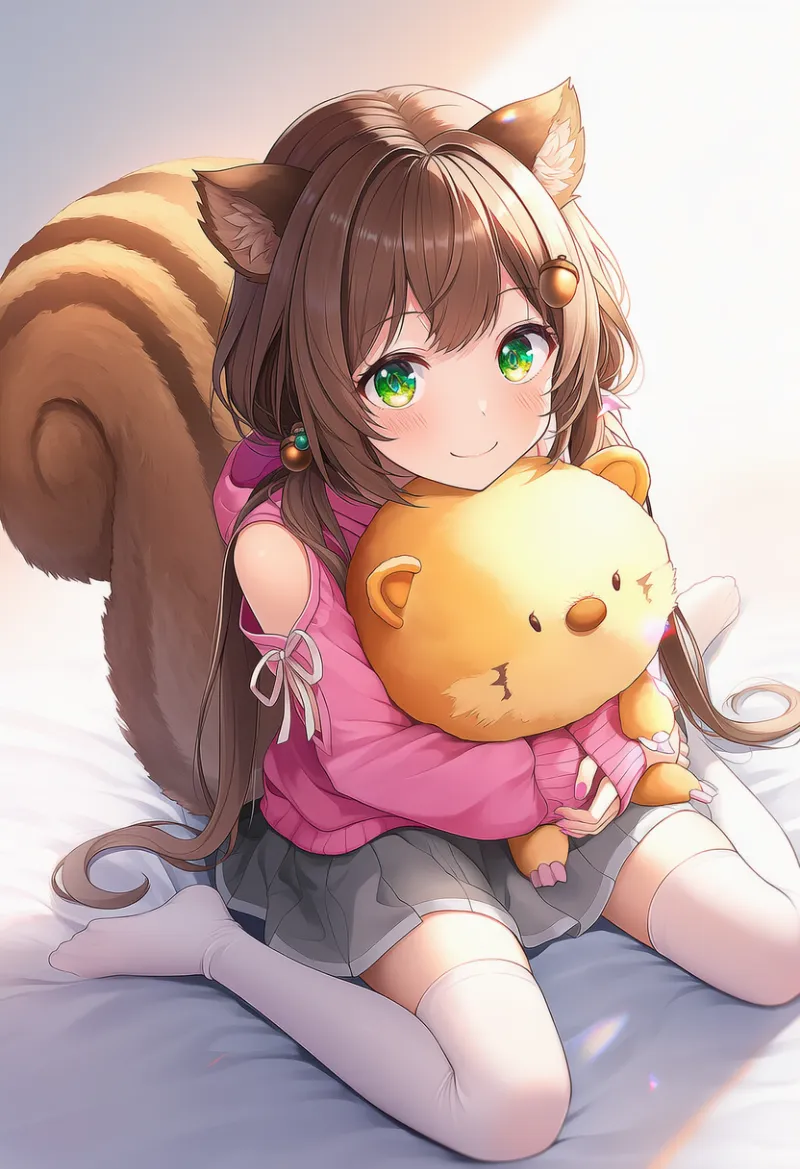 リス娘のピンクフーディとグレースカートコーデのAIイラストとプロンプト紹介