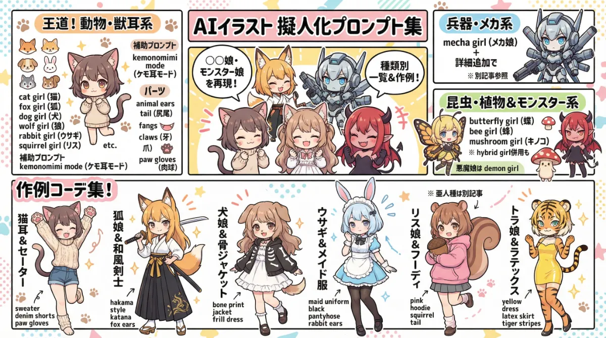 擬人化のプロンプト一覧のまとめ用の図解イラスト