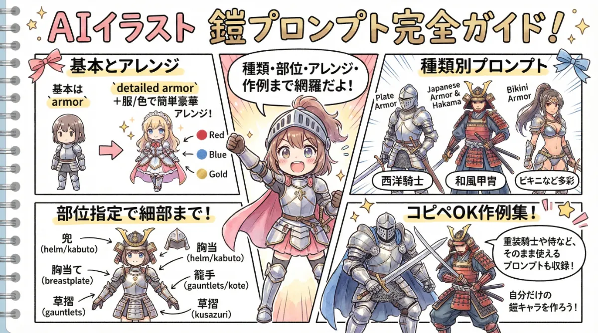 鎧のプロンプト集（ファンタジー・日本の甲冑ほか）の図解イラスト資料