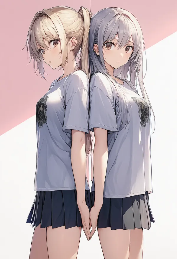 背中合わせ密着する構図｜AIイラスト