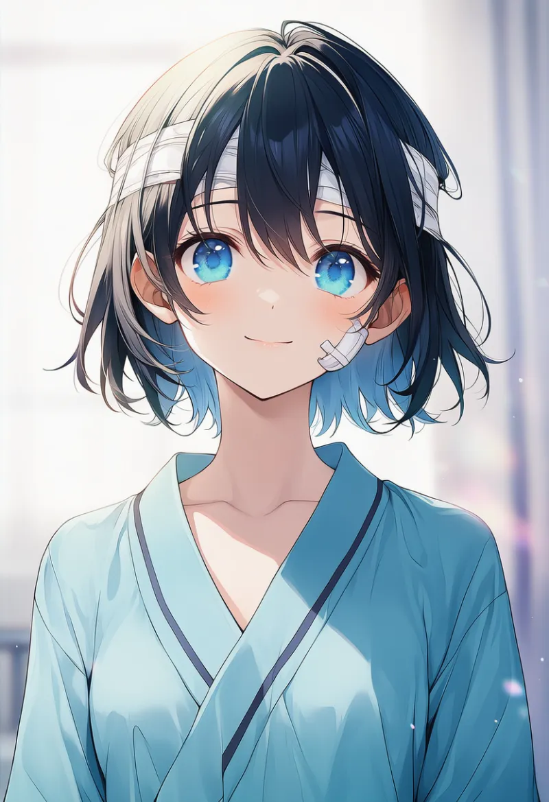 頭の包帯(病院用)のAIイラストとプロンプト