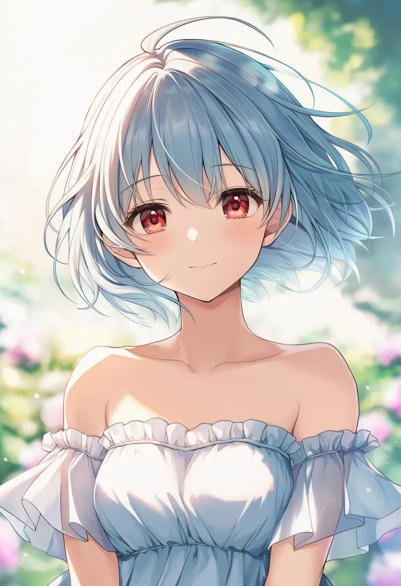 ストラップレスの服+ 肩フリルのAIイラスト|プロンプト紹介