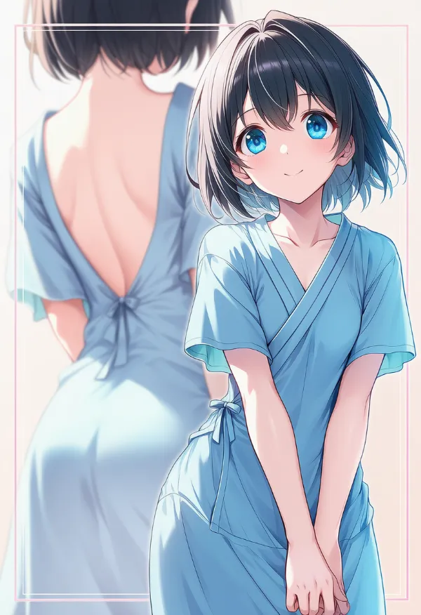 青色の病院服のAIイラストとプロンプト