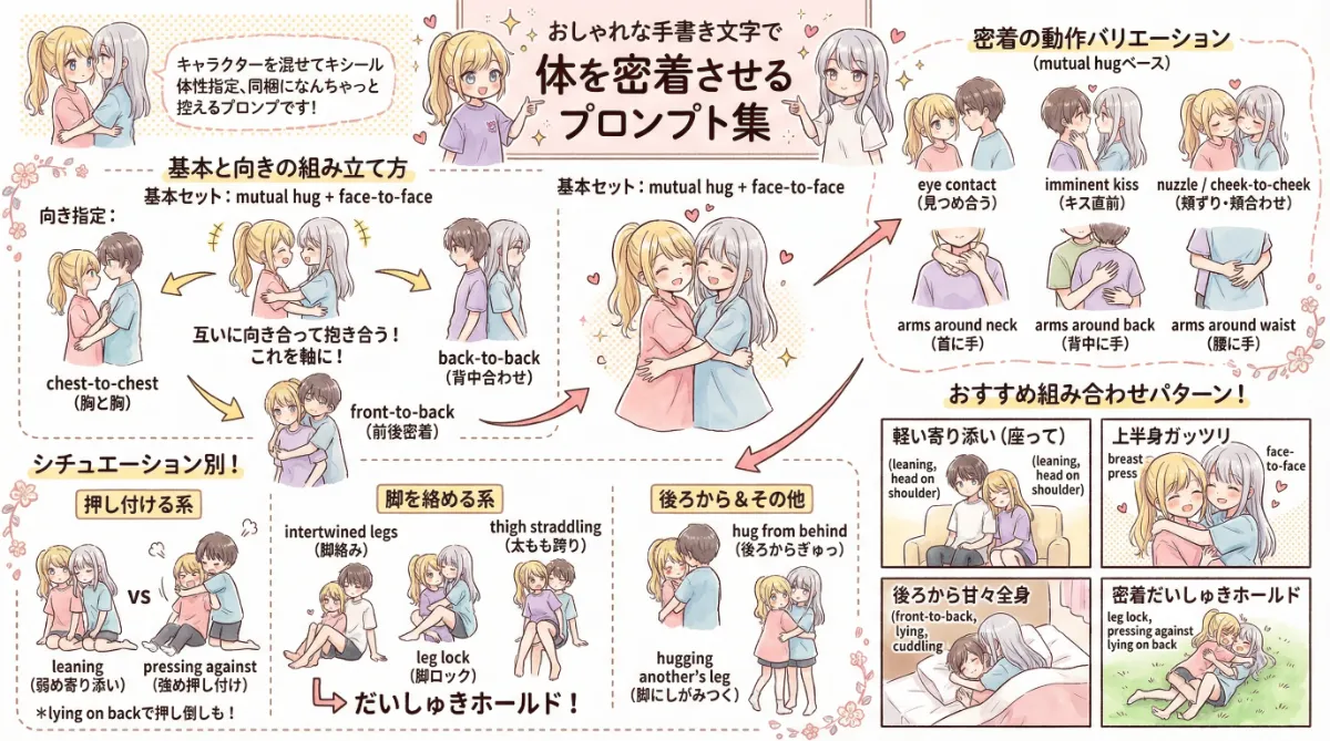 体を密着させるプロンプト、まとめ用の図解イラスト