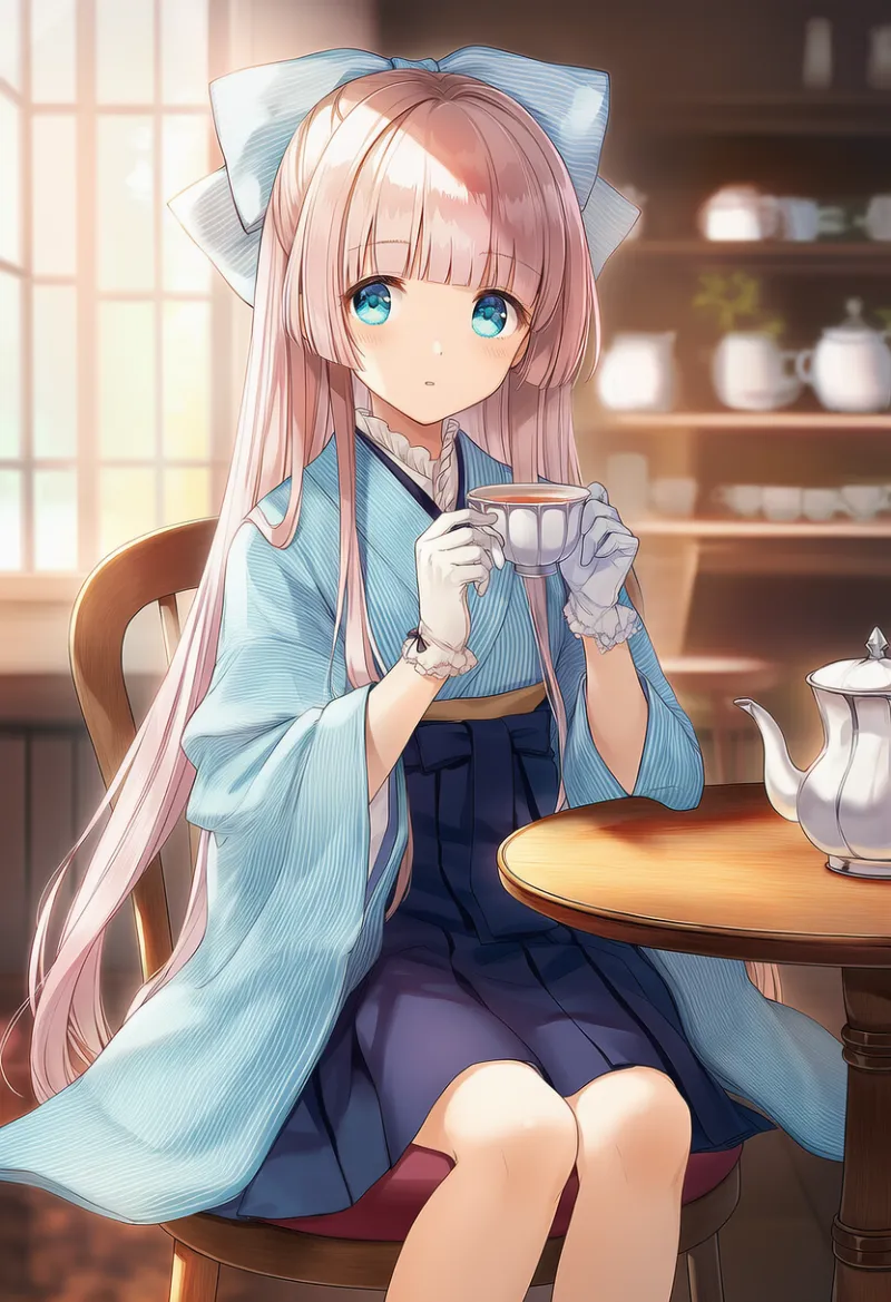 カフェでお茶を飲むシーンのプロンプトとAIイラスト（大正ロマン）作例