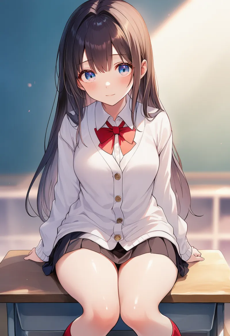 白カーディガン×赤リボン×黒プリーツスカートの制服コーデ｜AIイラストとプロンプト紹介