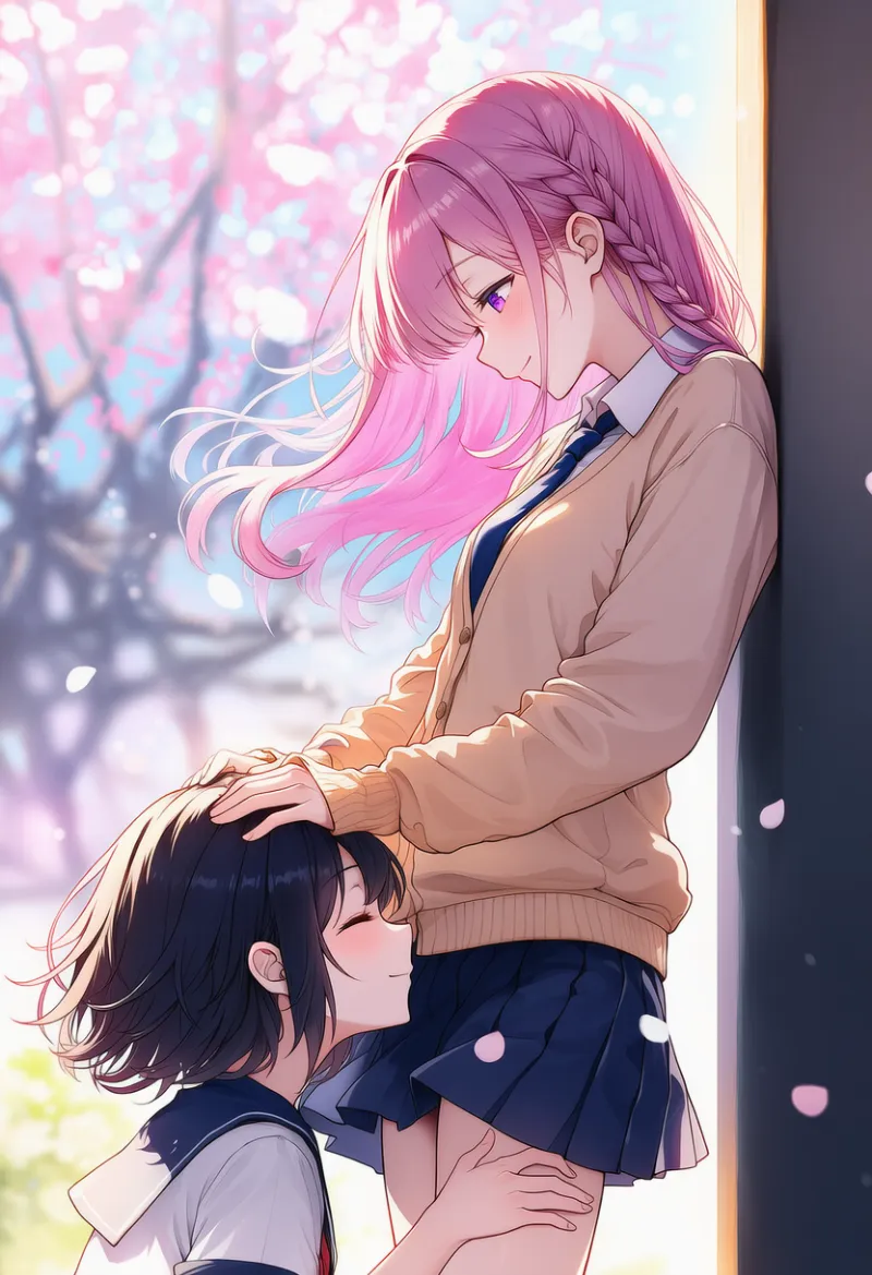 桜×制服カーディガンの2人構図プロンプト（仲良しシーン）｜AIイラスト