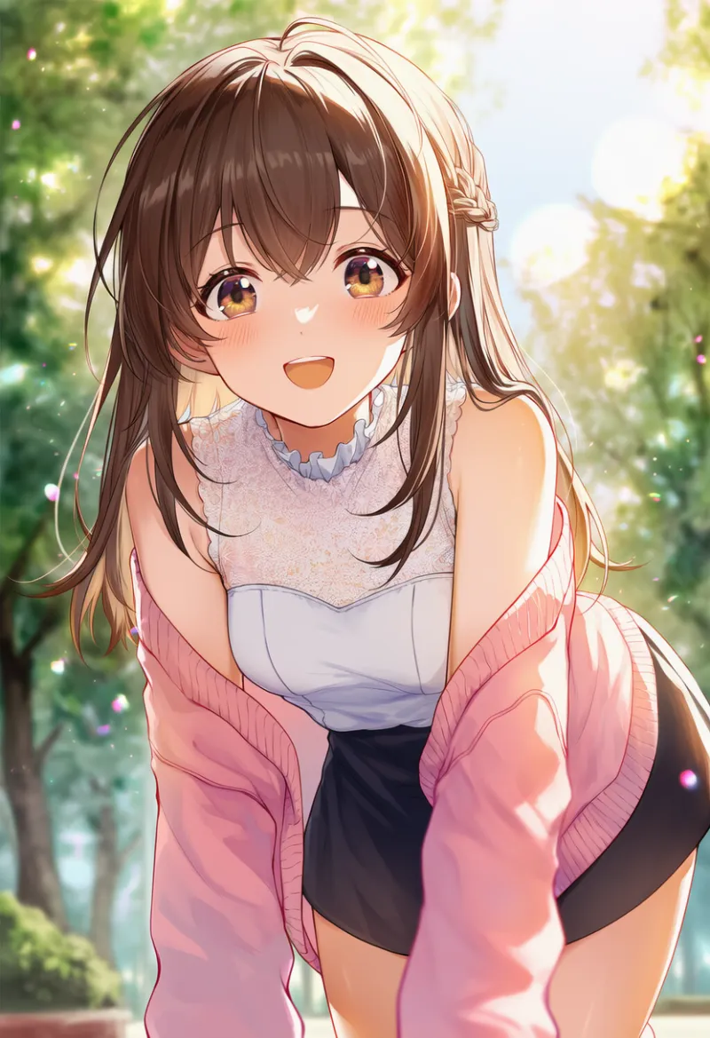 ピンクカーディガン×黒ミニスカートの四つん這いポーズ｜AIイラストとプロンプト紹介