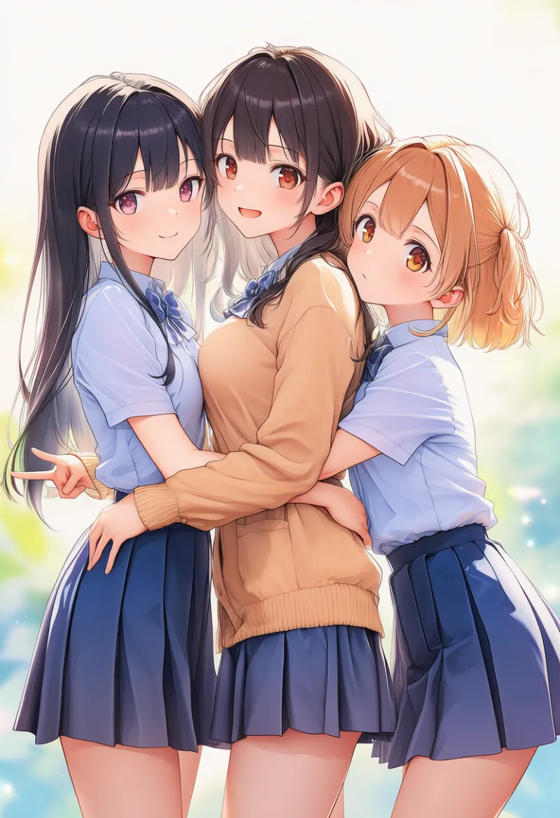 ギャル3人×制服カーディガンのハグ構図（胸押しつけ）｜AIイラストとプロンプト紹介