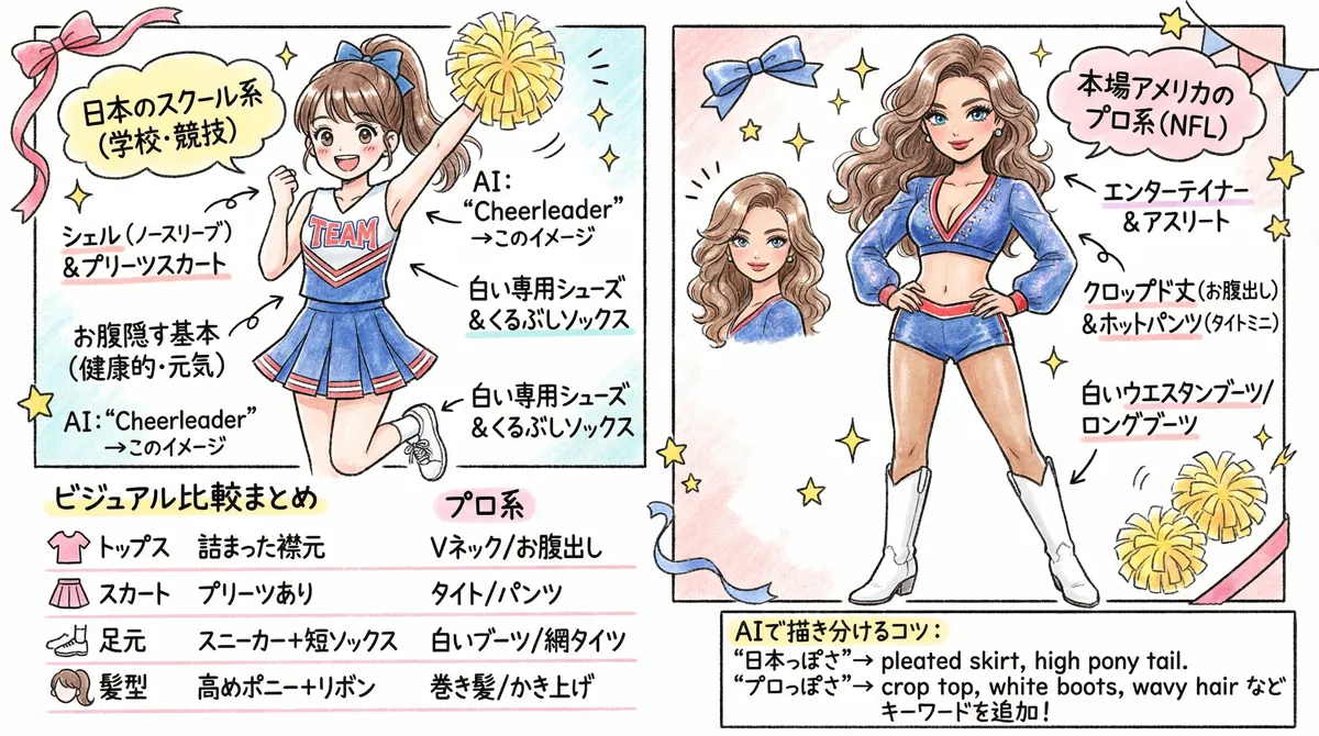 チアリーダー衣装のスクール系とアメリカNFL系のデザインの違いを示す図解イラスト