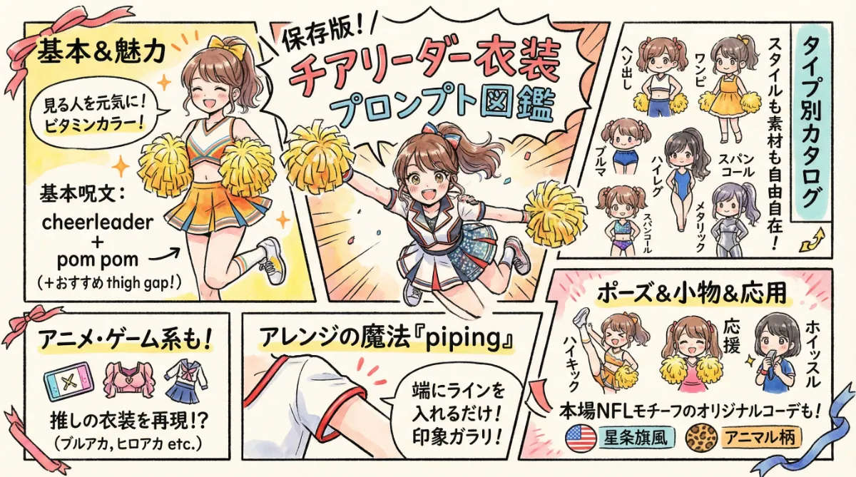 チアリーダーの服装プロンプト（基本からアレンジまで）のまとめ用の図解イラスト