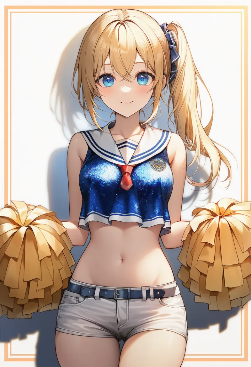 青スパンコールトップ×白レザーショーツ（校章入り）｜チアリーダー服装プロンプト集