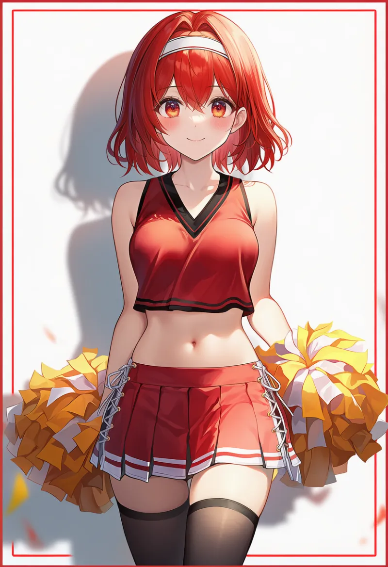赤Vネックトップ×メタリックプリーツスカート｜チアリーダー服装プロンプト集