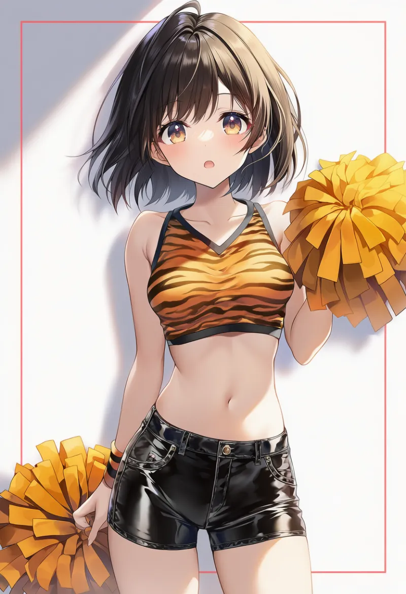 オレンジタイガー柄トップ×黒レザーショーツ｜チアリーダー服装プロンプト集