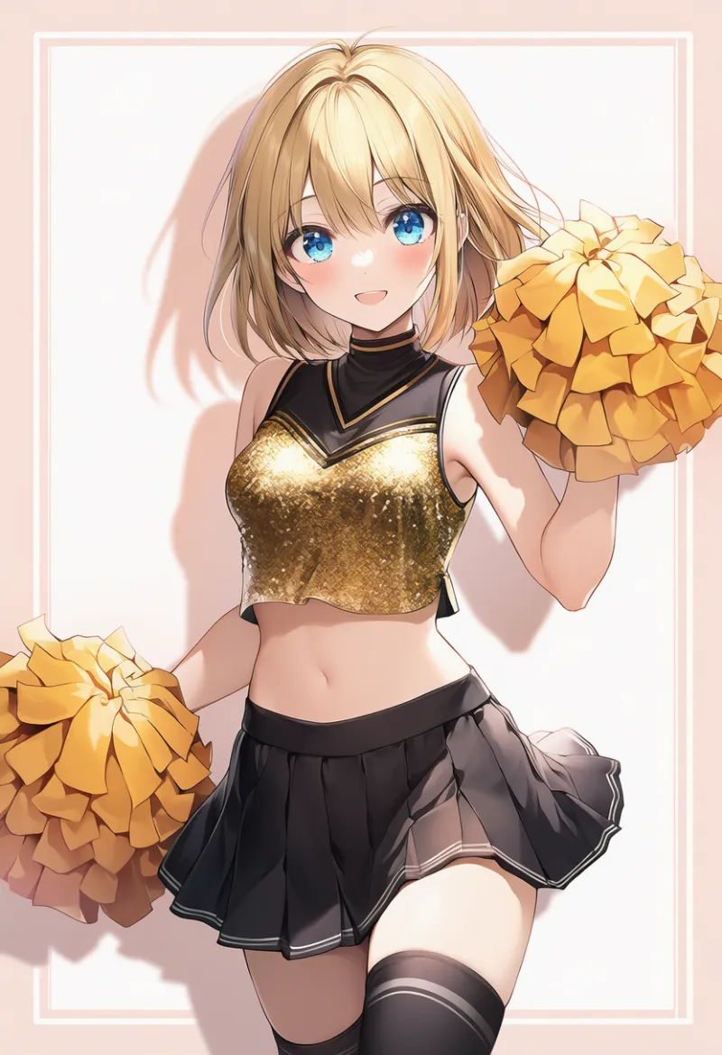 ゴールドスパンコールトップ×黒プリーツミニスカート｜チアリーダー服装プロンプト集