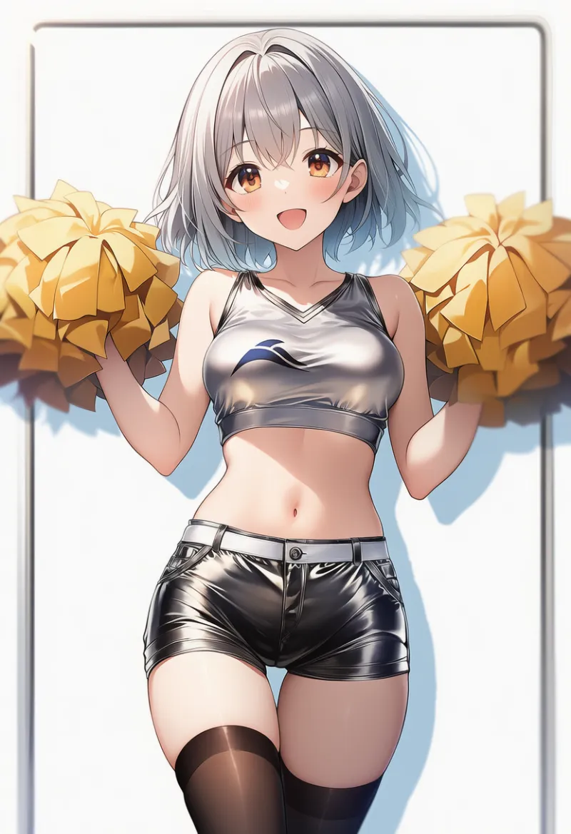シルバートップ×黒メタリックショーツ（企業ロゴ入り）｜チアリーダー服装プロンプト集