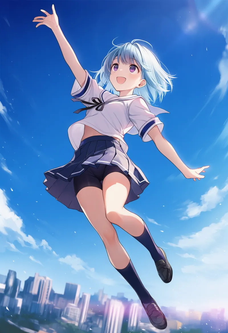 高くジャンプして眼下の街並みが見えるAIイラスト作例とプロンプト紹介