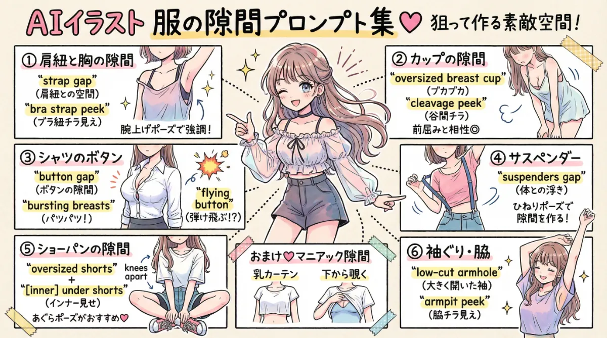 服の隙間から肌が見えるプロンプト集のまとめ用の図解イラスト