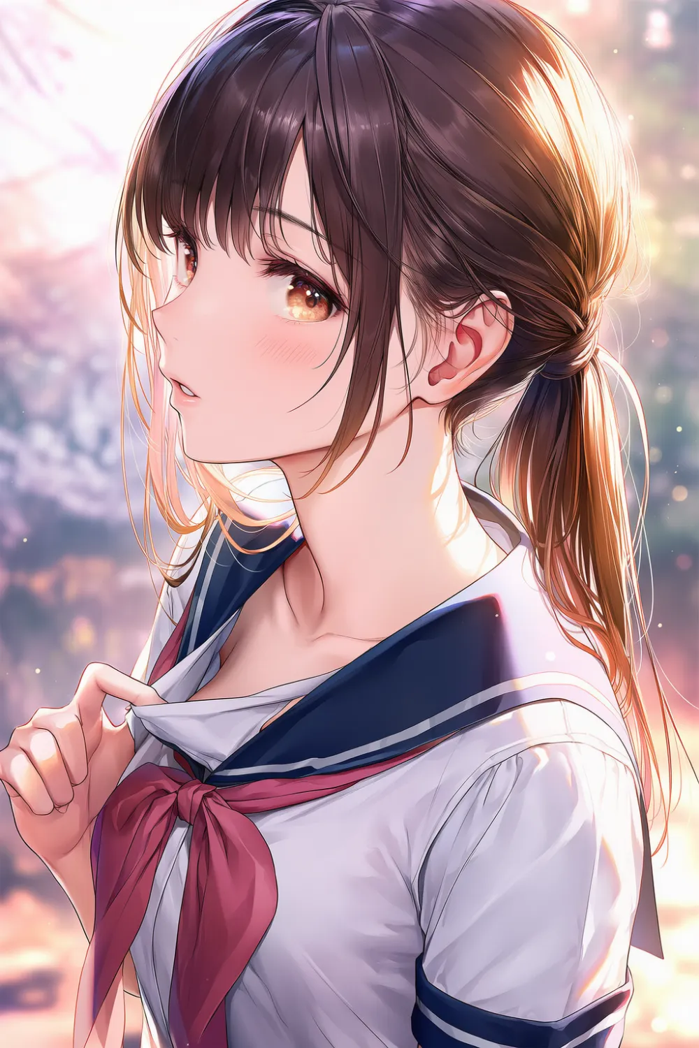 襟を引っ張って鎖骨がチラ見えするプロンプトとAIイラスト