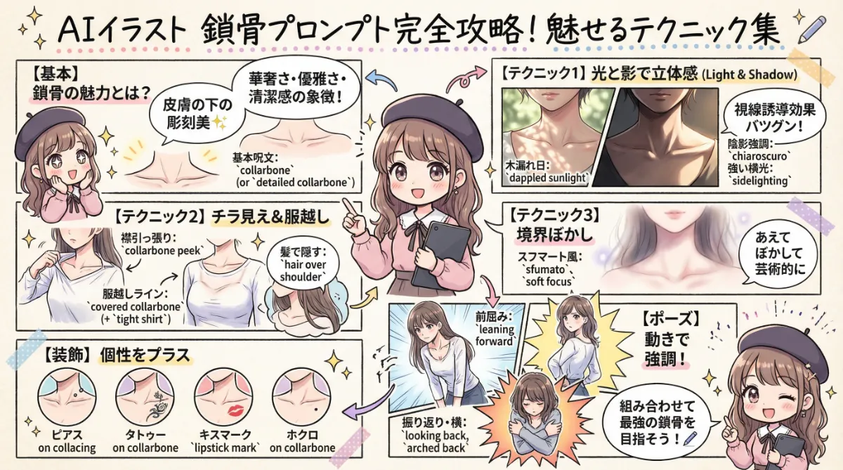 鎖骨を綺麗に再現するプロンプト大全のまとめ用の図解イラスト(グラレコ)