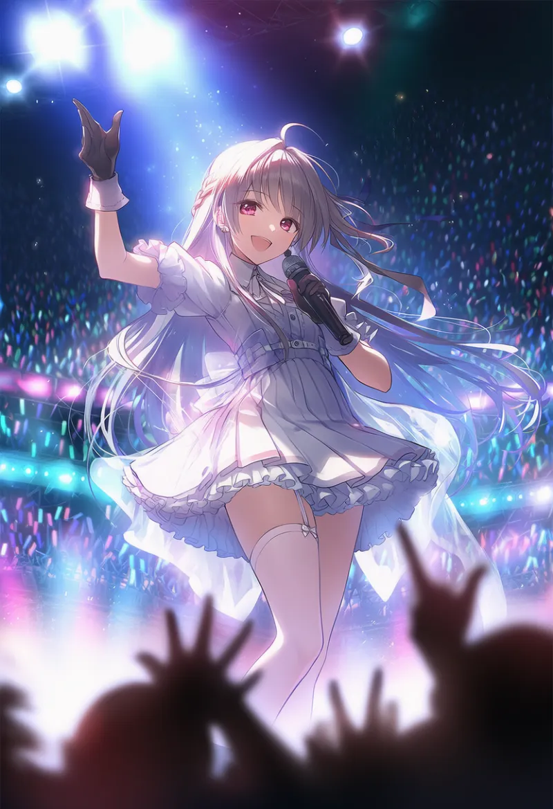 ステージ上のアイドルを観る大観衆（群衆背景の組み合わせプロンプト例とAIイラスト作例）