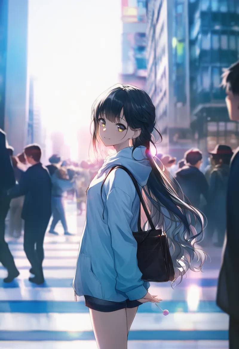 群衆と横断歩道付近（群衆背景の組み合わせプロンプト例とAIイラスト作例）