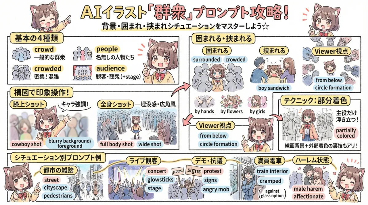 人混みを描く群衆プロンプト（背景用・囲まれる・見られるなど）に関するまとめ用の図解イラスト資料
