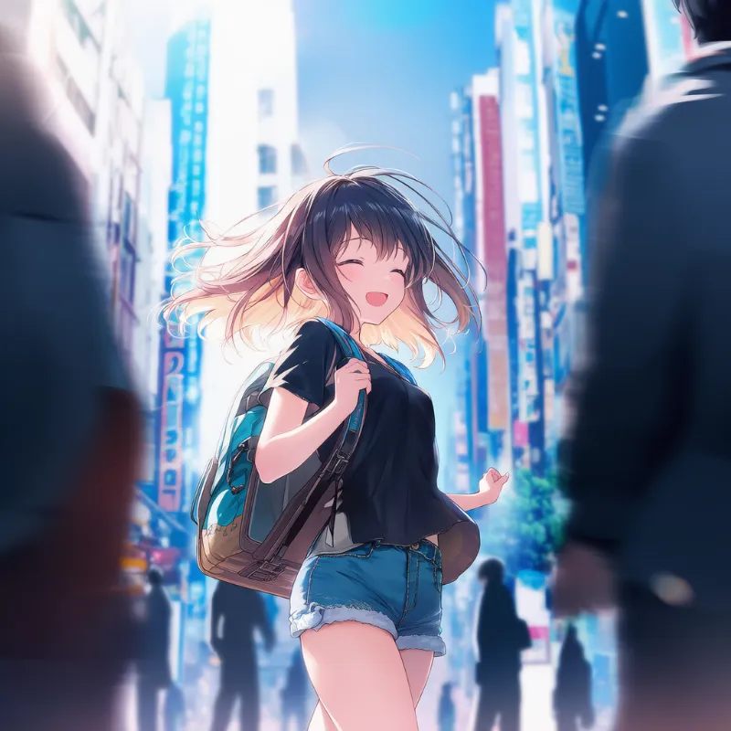 構図別の群衆のプロンプトフレーズ紹介（膝上ショット + ワイド + 前ボケ）